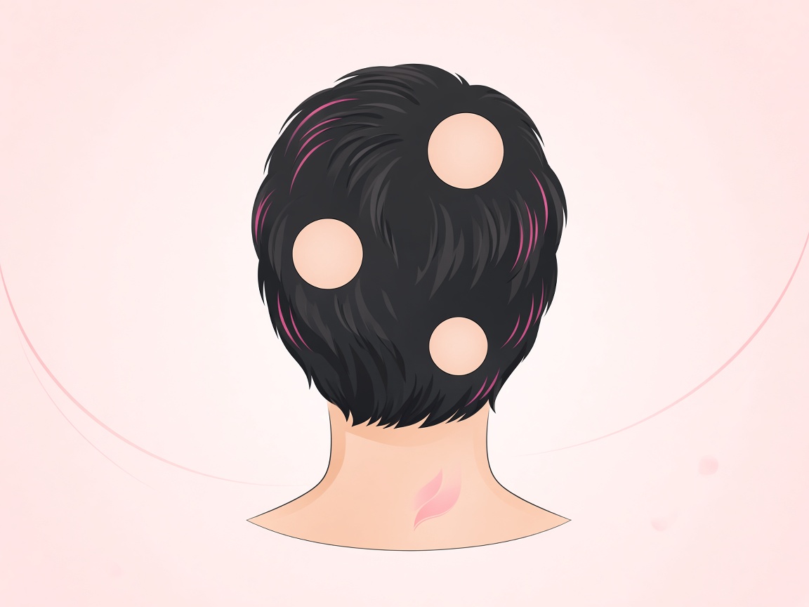Illustration of alopecia areata — smooth round bald patches on an otherwise full head of hair