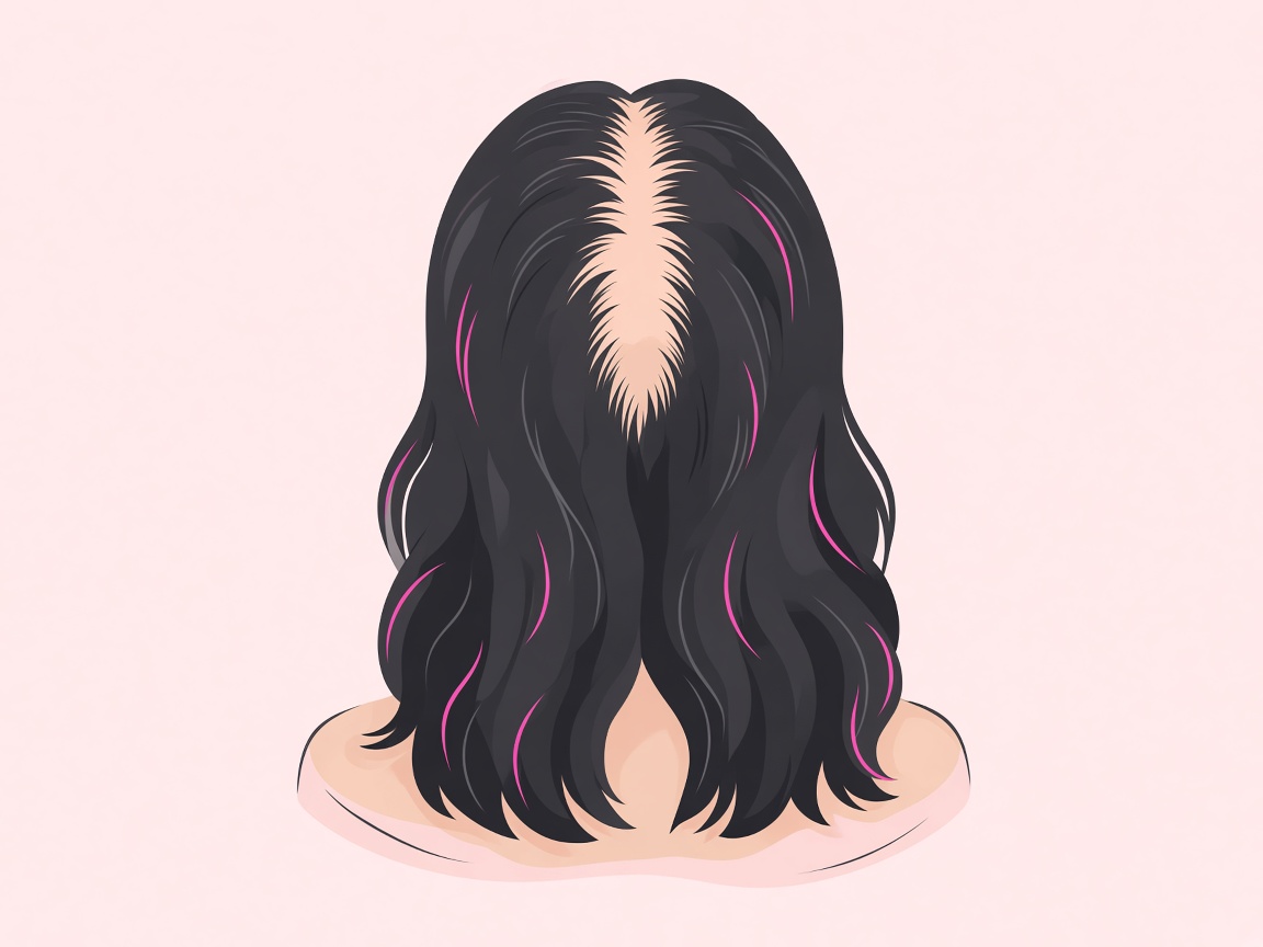 Illustration of female pattern hair loss — widened center parting and diffuse thinning