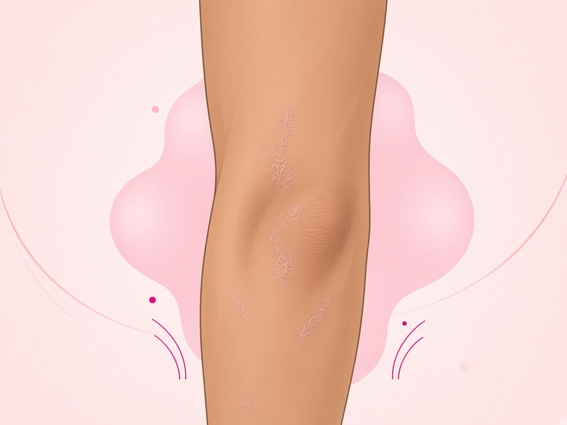 Illustration of psoriasis — silvery scaly plaques on the elbow