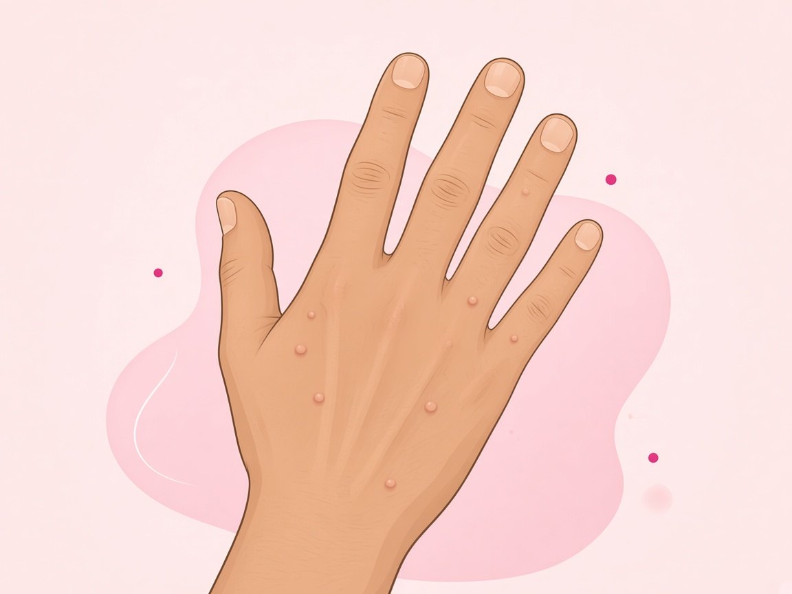 Illustration of a viral skin condition — small common warts on the fingers
