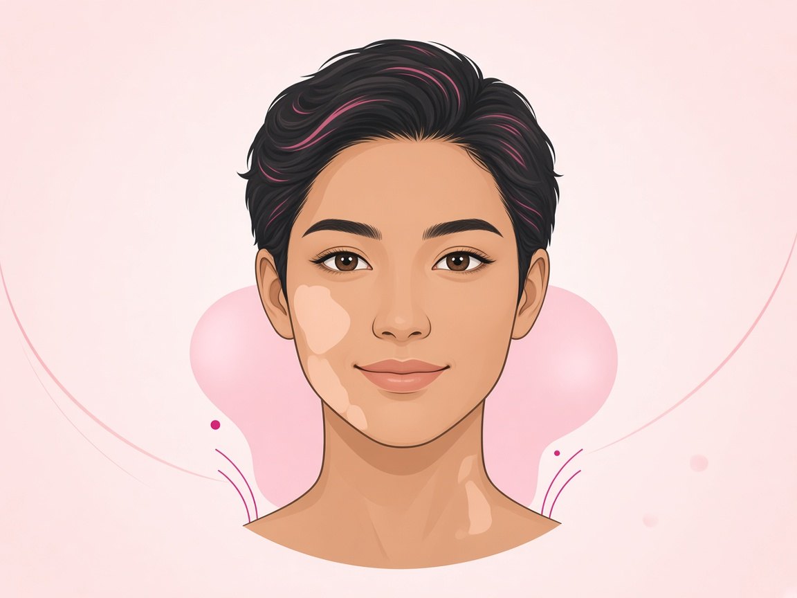 Illustration of vitiligo — pale patches of lost pigment on the face and neck