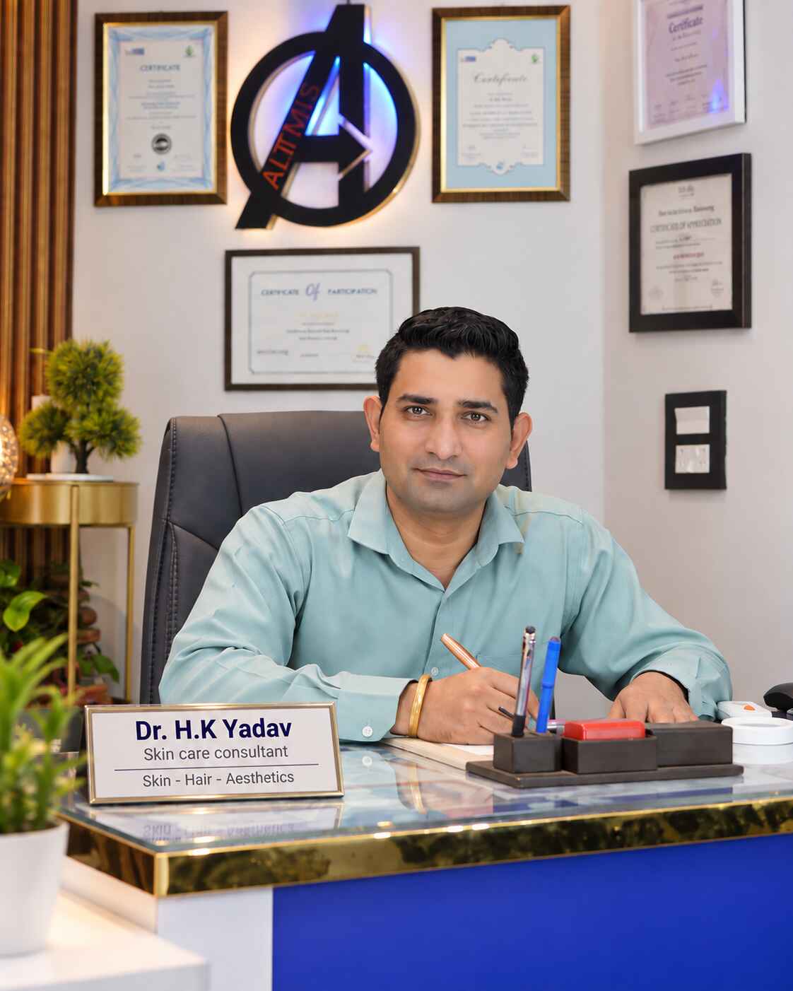 Dr. H.K. Yadav in the consultation room at Altmis Hair & Skin Clinic